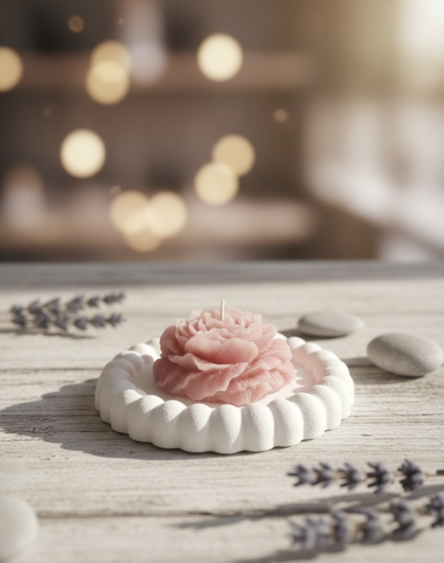 Dekoratif Tabağında Şakayık Çiçeği Mum 